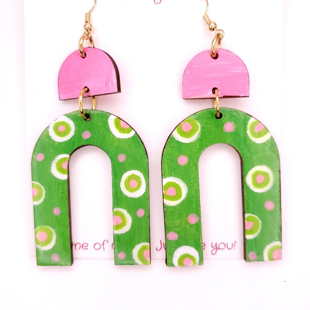 Retro Green,pink Earrings, Handpainted Wooden,New,2.5.inch dangle, one of a …